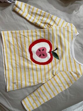 Yellow Stripe Long-Sleeve Tee with Apple Applique